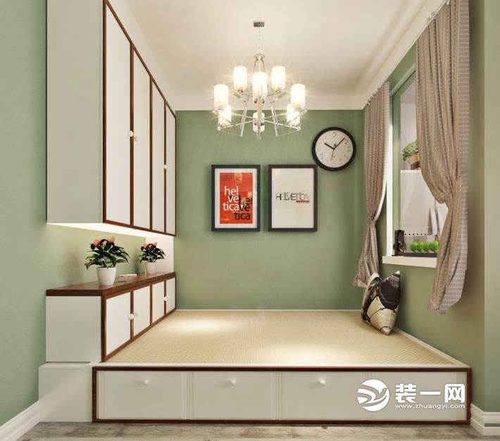 次卧设计成实用的榻榻米,床头储物柜也能用来收纳.
